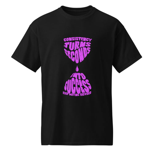 Revive Thredz graphic tee reading consistency turns seconds into success keep moving forward Model wearing premium motivational graphic streetwear tee Close up of premium heavyweight fabric construction on motivation t-shirt