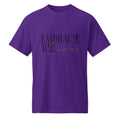 Revive Thredz premium graphic tee featuring bold minimalist typography reading embrace the chaos Close up of premium high density typographic screen print on a premium t-shirt