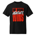 Revive Thredz premium graphic tee with bold typography reading he who dares wins Edgy editorial shot of a model styling the he who dares wins boxy streetwear t-shirt Close up of the high density ink and premium cotton knit structure on men's apparel