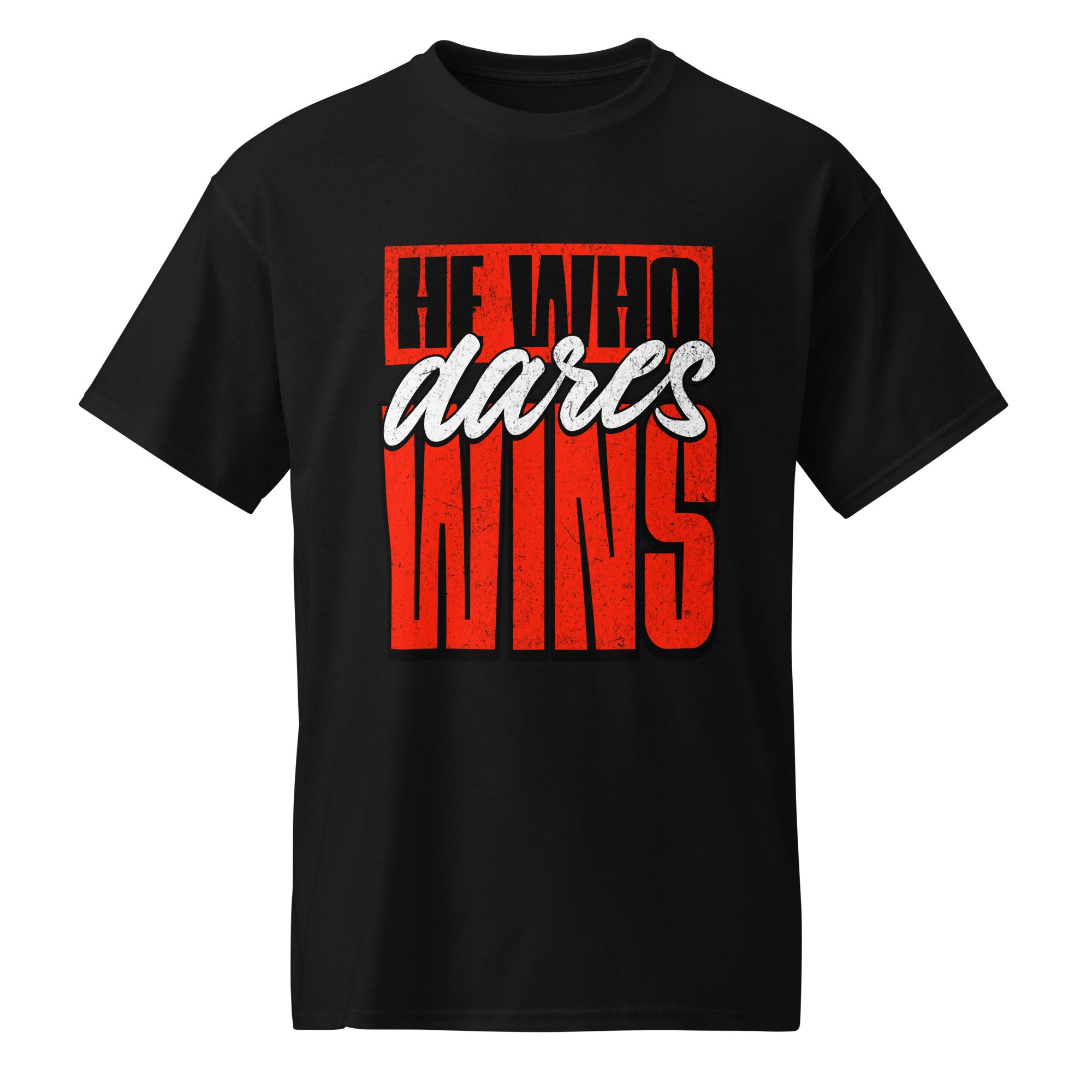 Revive Thredz premium graphic tee with bold typography reading he who dares wins Edgy editorial shot of a model styling the he who dares wins boxy streetwear t-shirt Close up of the high density ink and premium cotton knit structure on men's apparel