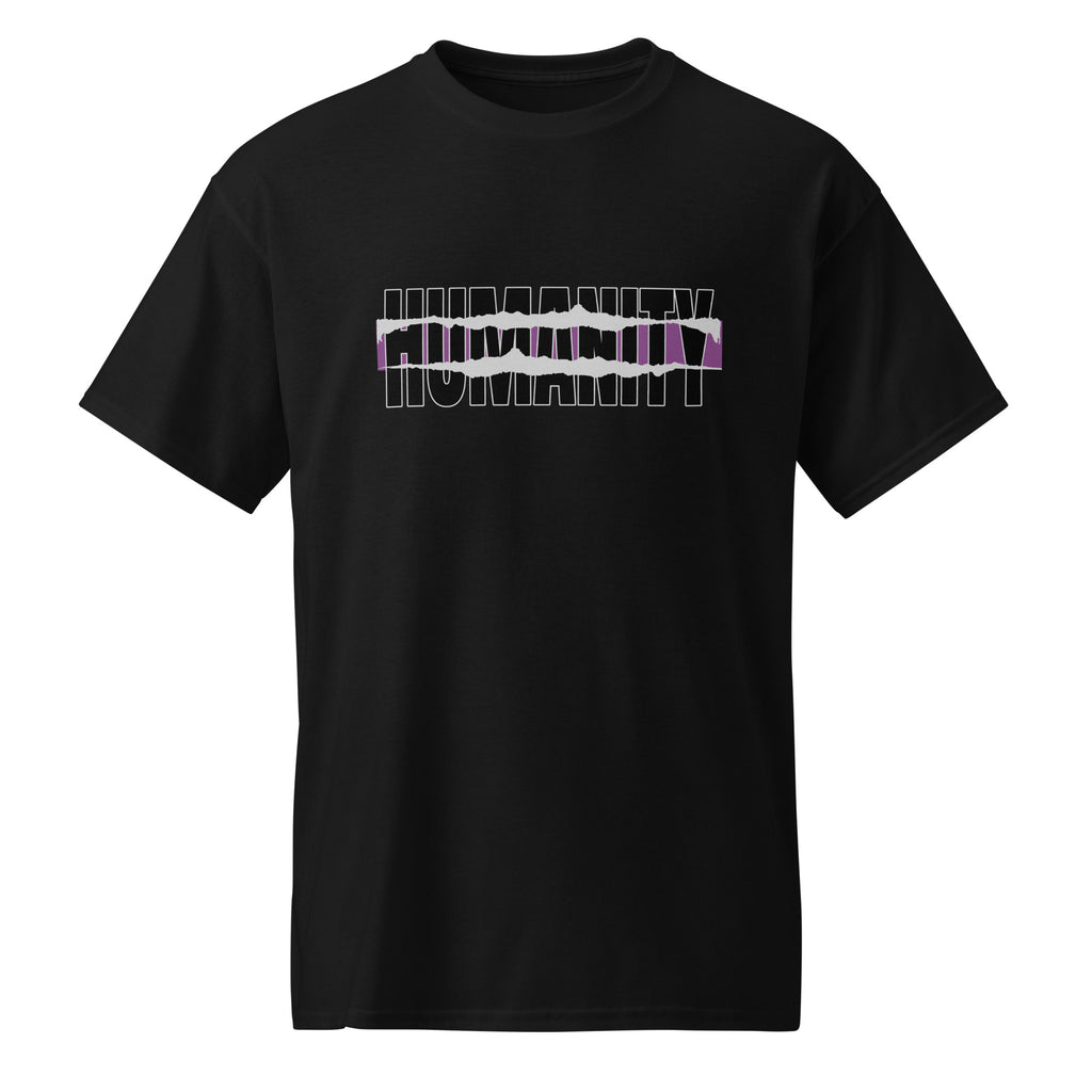 Revive Thredz premium graphic tee with clean minimalist typography reading humanity Close up of sharp high density typographic print on premium soft clothing
