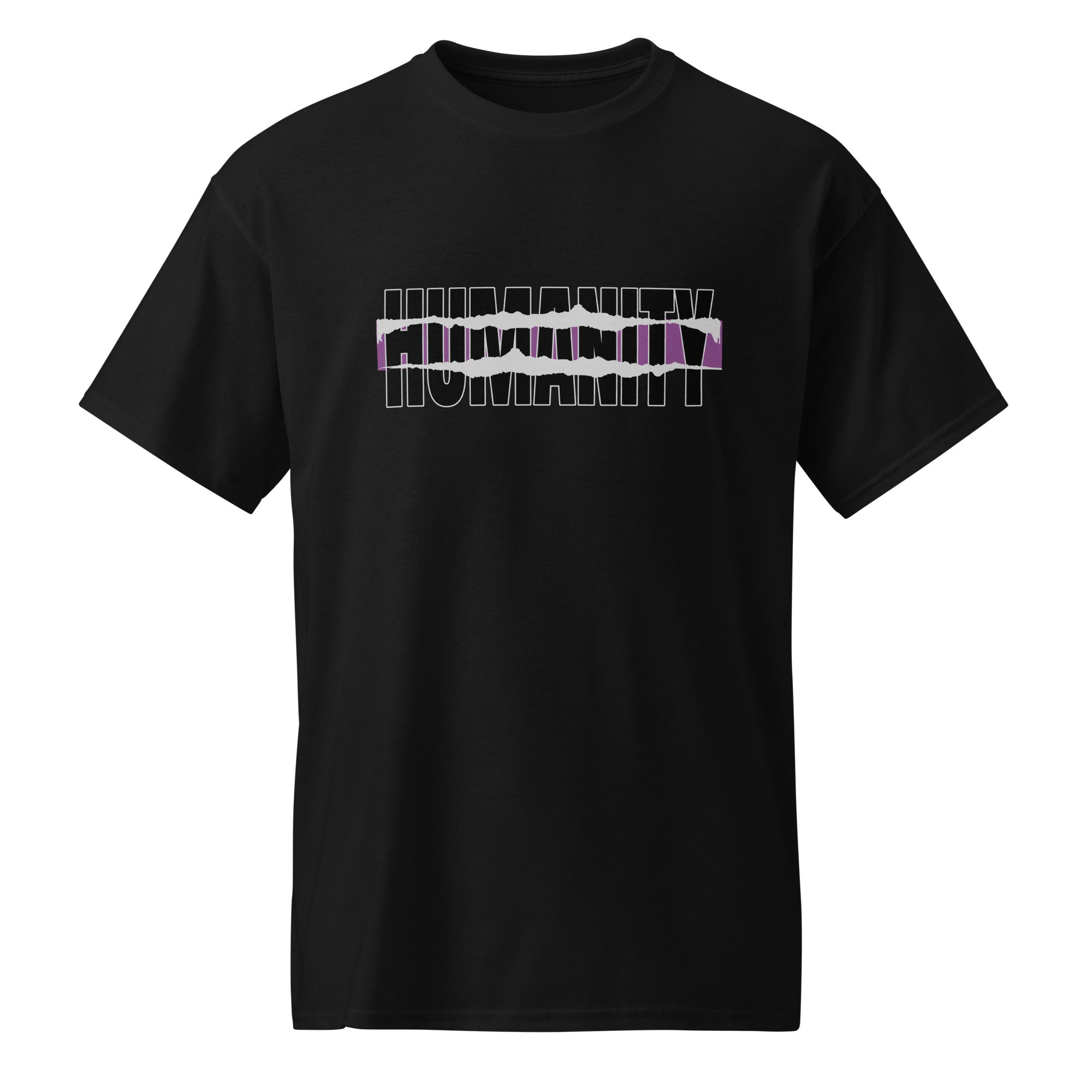 Revive Thredz premium graphic tee with clean minimalist typography reading humanity Close up of sharp high density typographic print on premium soft clothing