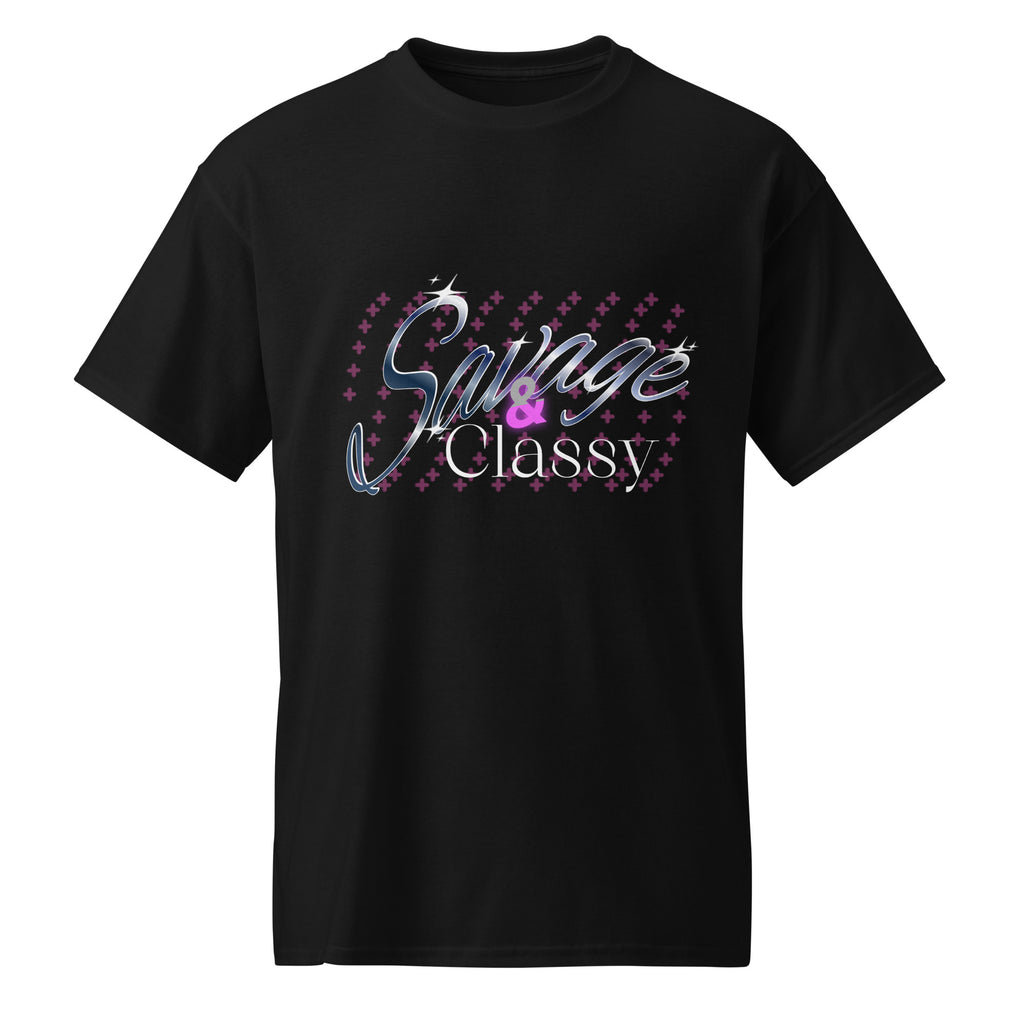 Woman wearing the Savage & Classy™ graphic t-shirt featuring a bold, modern design that celebrates feminine confidence, elegance, and unapologetic strength.