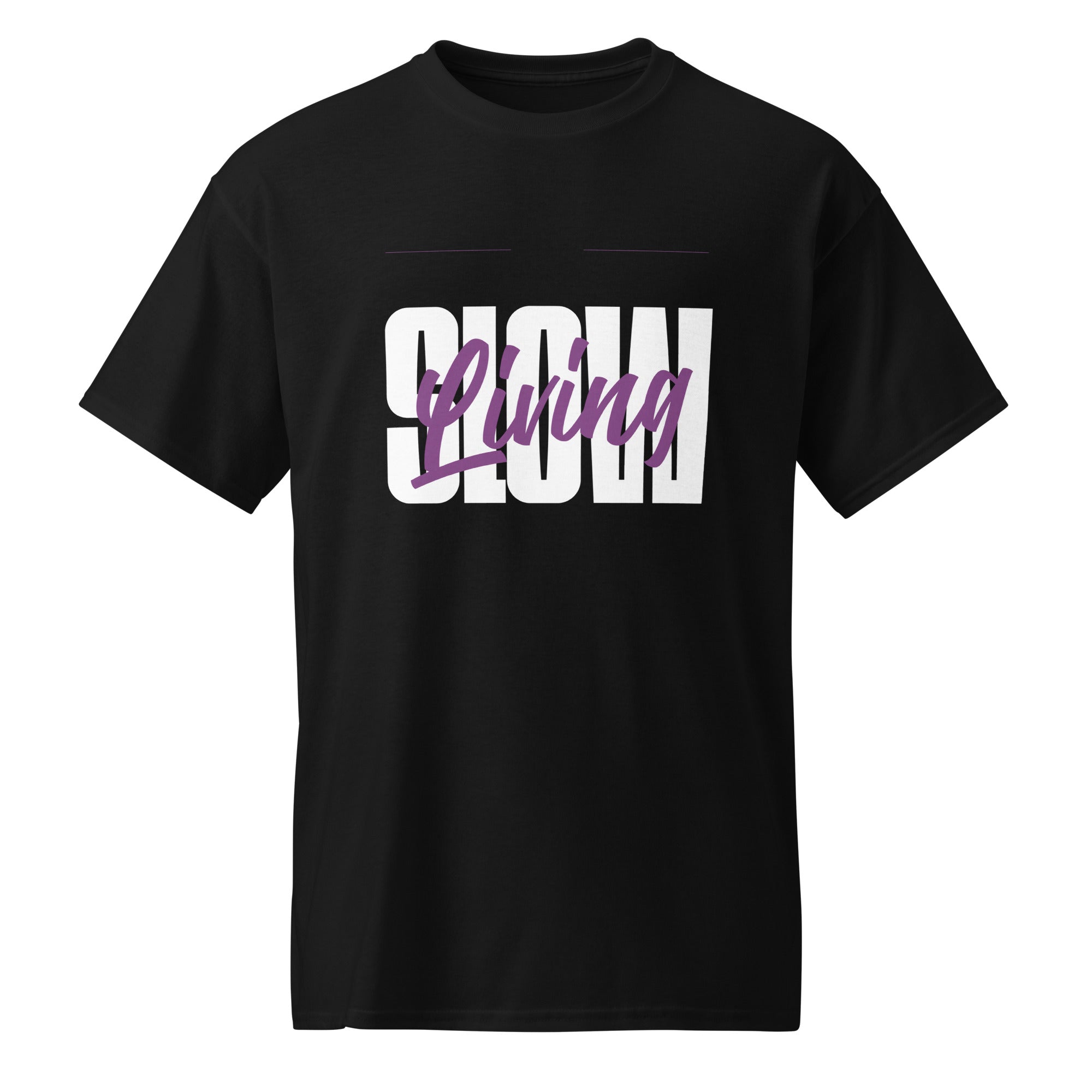 Revive Thredz premium graphic tee with clean minimalist typography reading slow living Close up of premium high density typography print on soft heavyweight cotton fabric