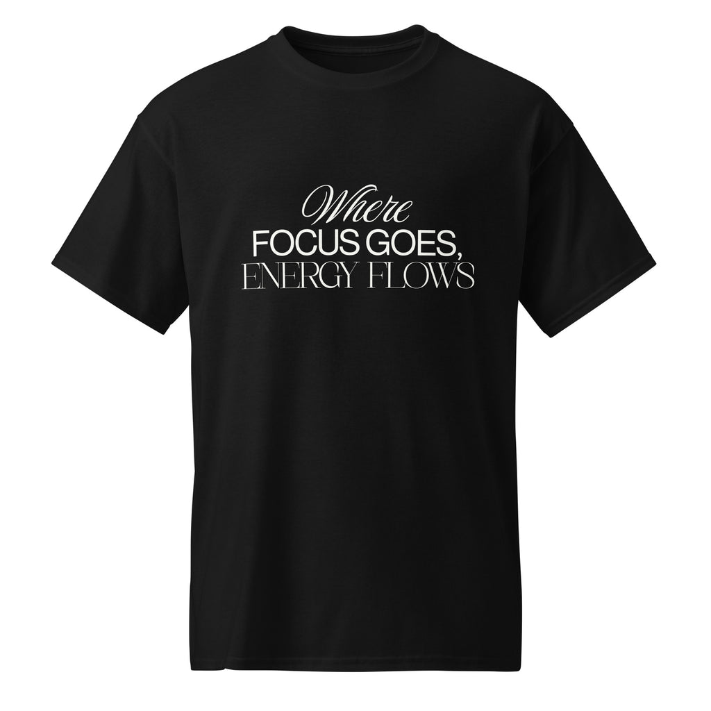Revive Thredz premium graphic tee featuring sharp minimalist typography reading where focus goes energy flows Close up of premium high density typographic screen print on a premium t-shirt