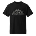 Revive Thredz premium graphic tee featuring sharp minimalist typography reading where focus goes energy flows Close up of premium high density typographic screen print on a premium t-shirt