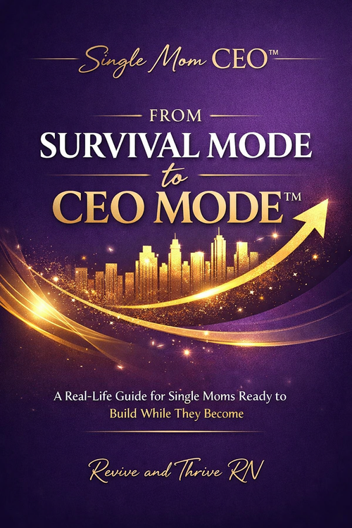 eBook cover titled “From Survival Mode to CEO Mode™” in purple and gold, designed for single moms building income, structure, and generational wealth.
