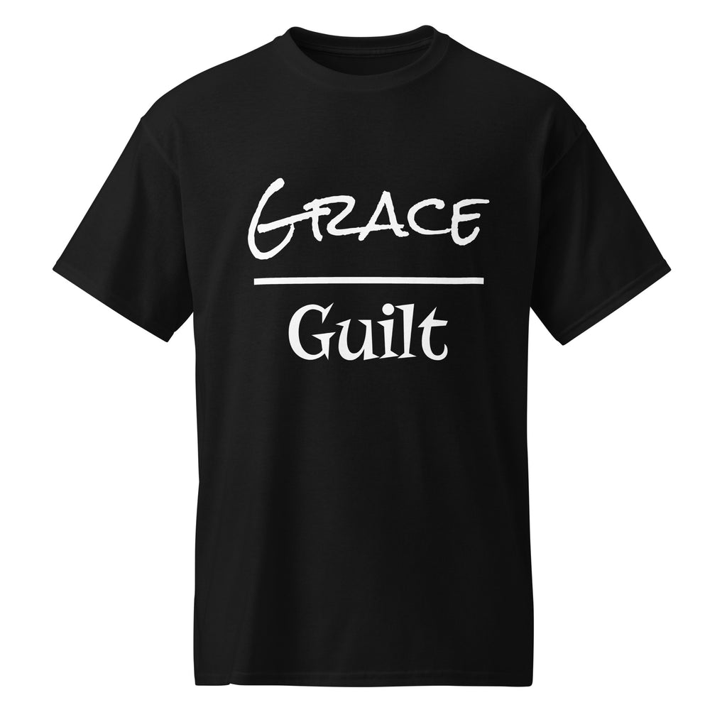 Black t-shirt with 'Grace Guilt' text on a white background.  Moisture-wicking t-shirt with 'Forgive Yourself: Grace Over Guilt' text.  Aesthetic mental health and self-care apparel for men and woman focusing on healing and growth. 