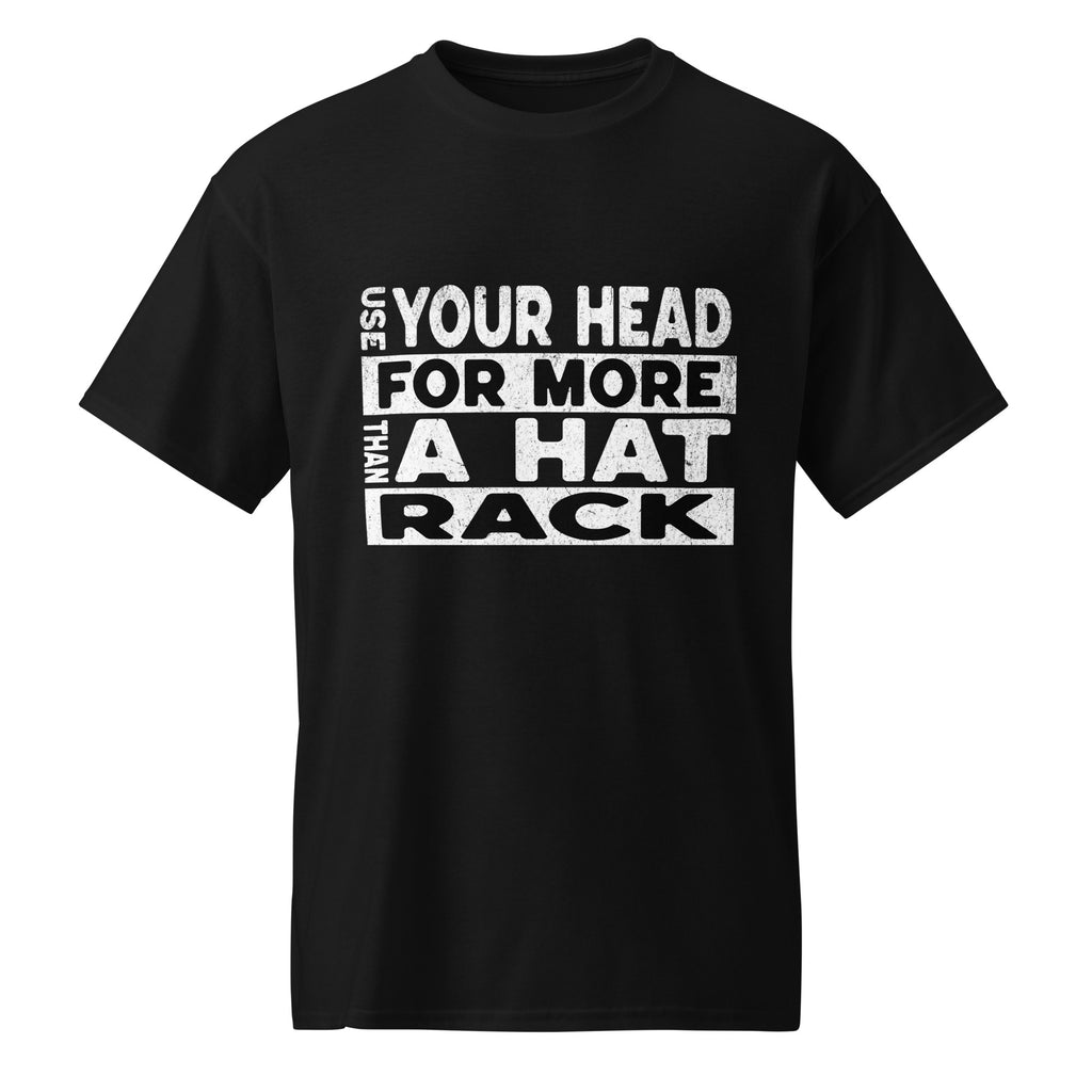 Black t-shirt with white text on a white background.  Moisture-wicking t-shirt with 'Use Your Head' text.  Intellectual and leadership-focused statement apparel for independent thinkers and strategists. 