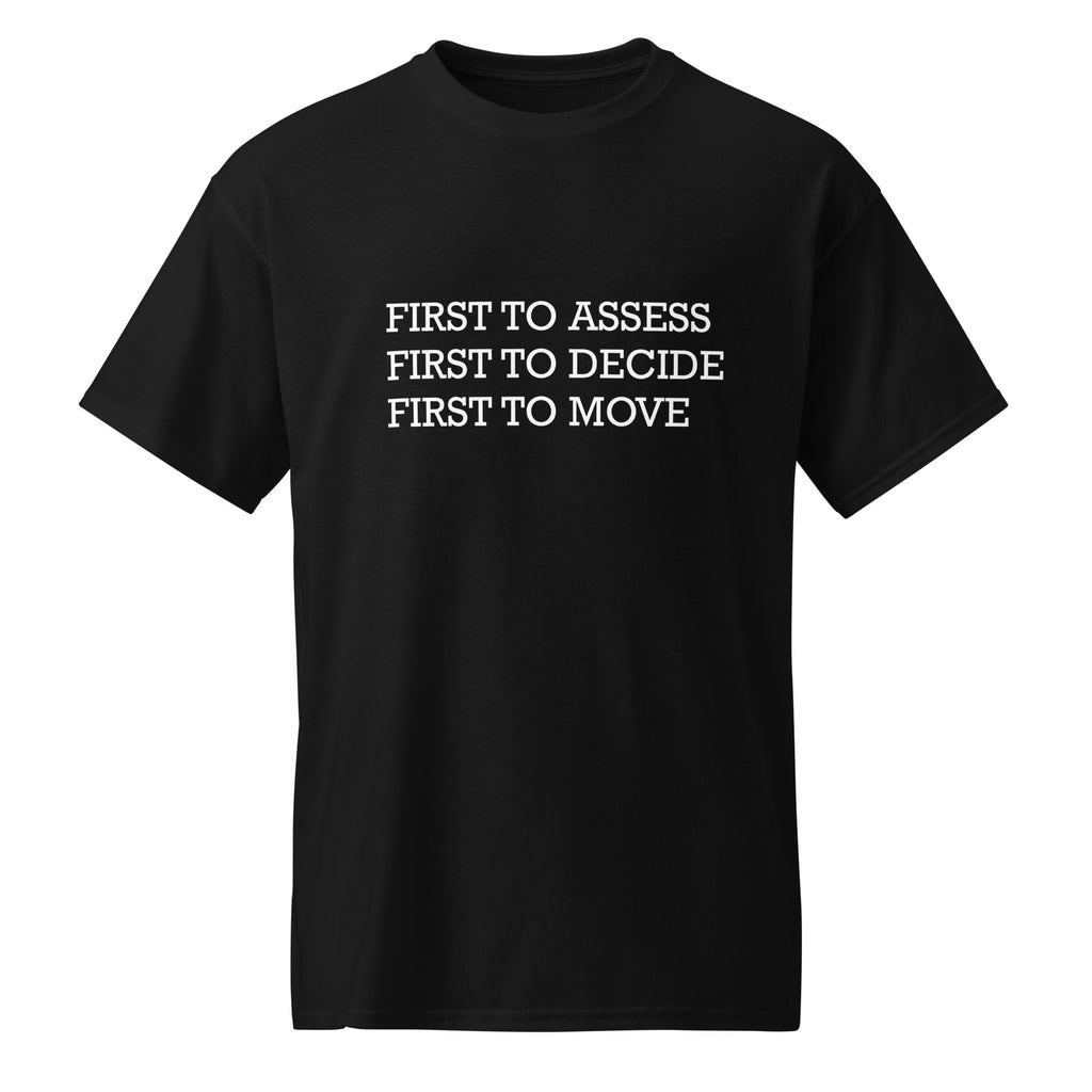 Black or purple t-shirt with white text on a white background. Moisture-wicking t-shirt with 'He Moves First' text. Part of the 90/10 Collection.  High-performance leadership statement apparel for men who lead with authority and action. 