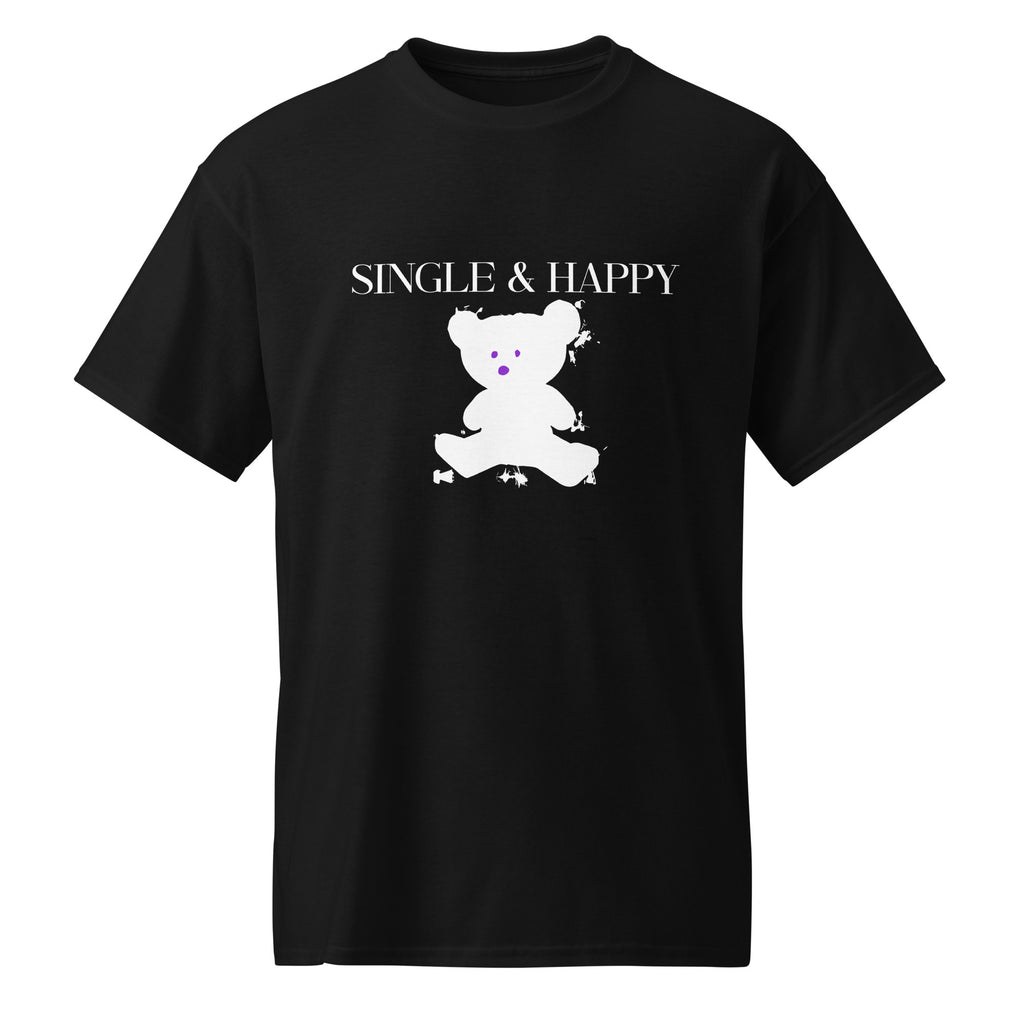 Black or purple t-shirt with a white teddy bear graphic and text 'SINGLE & HAPPY' on a white background. Moisture-wicking t-shirt. Aesthetic self-love apparel for women and men focusing on peace, growth, and protecting their energy. 