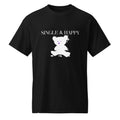 Black or purple t-shirt with a white teddy bear graphic and text 'SINGLE & HAPPY' on a white background. Moisture-wicking t-shirt. Aesthetic self-love apparel for women and men focusing on peace, growth, and protecting their energy. 