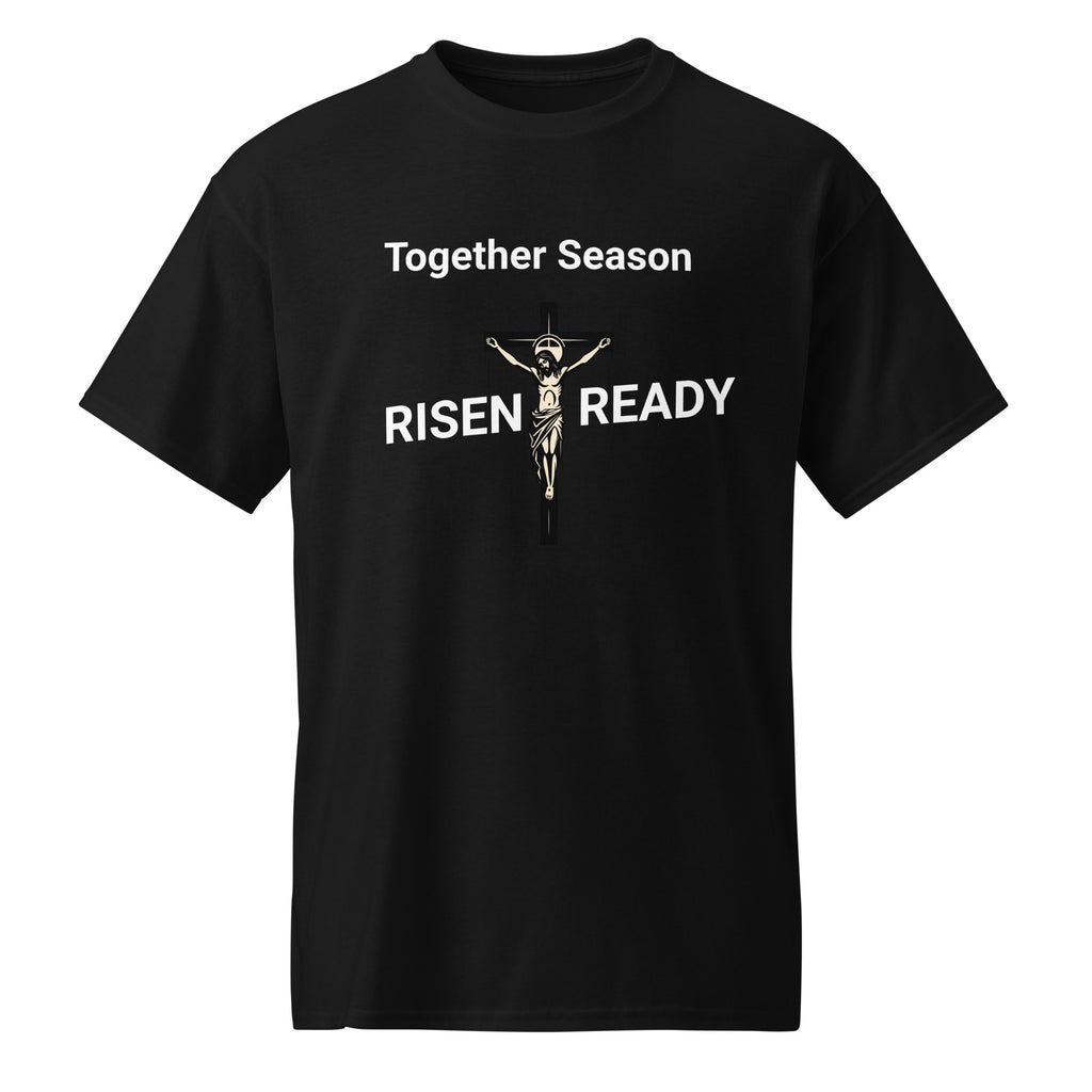 Black or purple t-shirt with 'Together Season Risen Ready' text and crucifixion graphic on a white background.
Statement t-shirt for men, women, and youth. High-performance moisture-wicking faith apparel for Easter or gym workouts. 