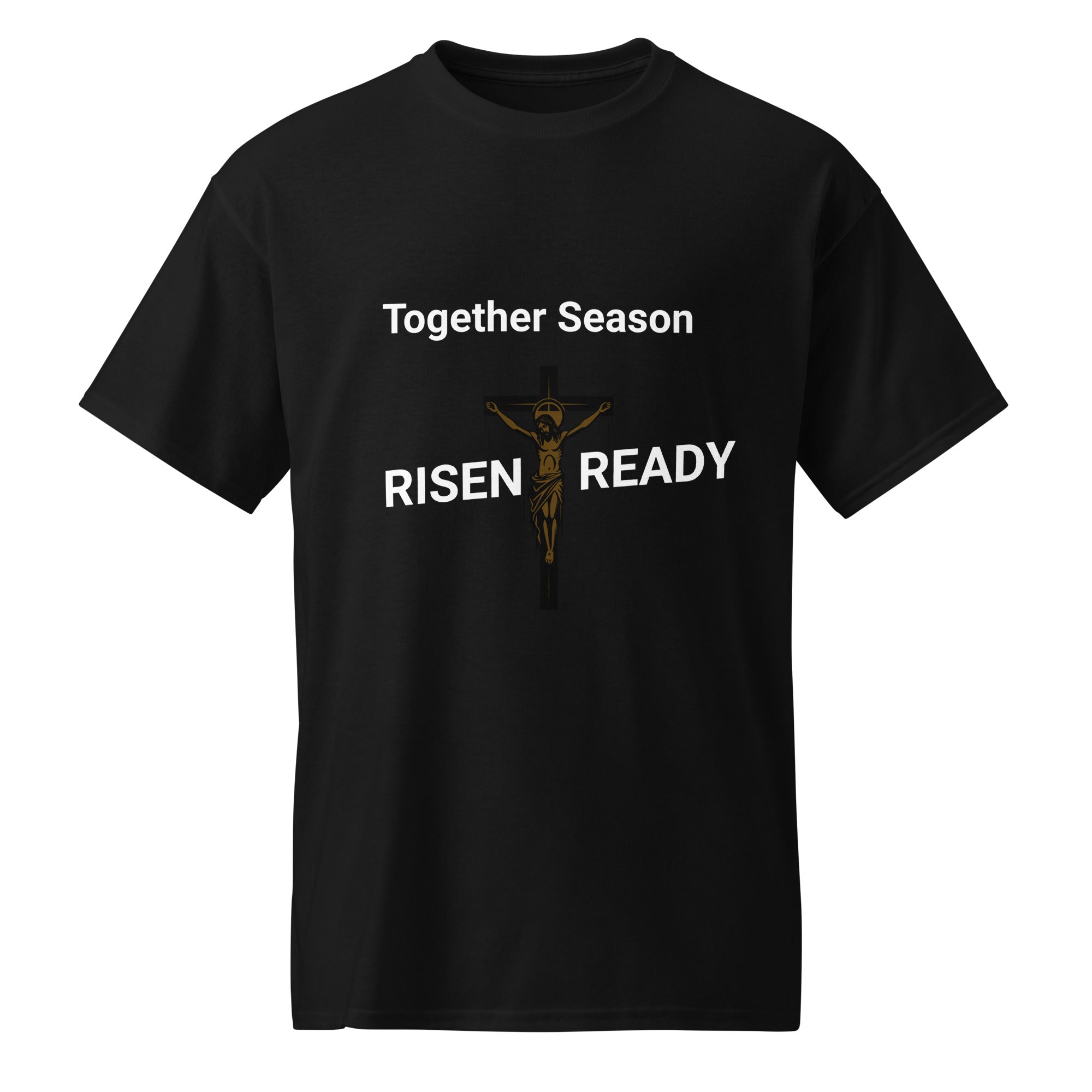 Black t-shirt with 'Together Season Risen Ready' text and crucifixion graphic on a white background.
Statement t-shirt for men, women, and youth. High-performance moisture-wicking faith apparel for Easter or gym workouts. 