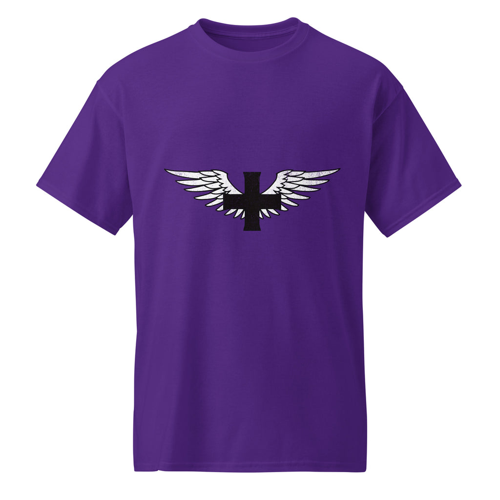 Purple or white t-shirt with a black and white winged symbol on a white background. Professional Healthcare apparel for nurses and medical staff on long shifts. 