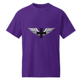 Purple or white t-shirt with a black and white winged symbol on a white background. Professional Healthcare apparel for nurses and medical staff on long shifts. 