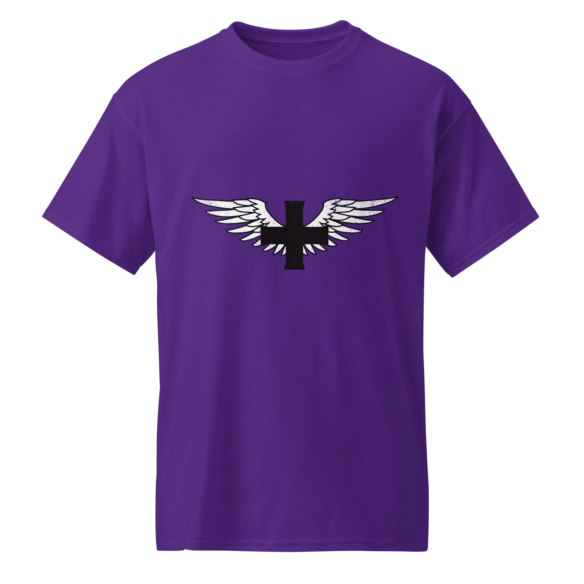 Purple or white t-shirt with a black and white winged symbol on a white background. Professional Healthcare apparel for nurses and medical staff on long shifts. 
