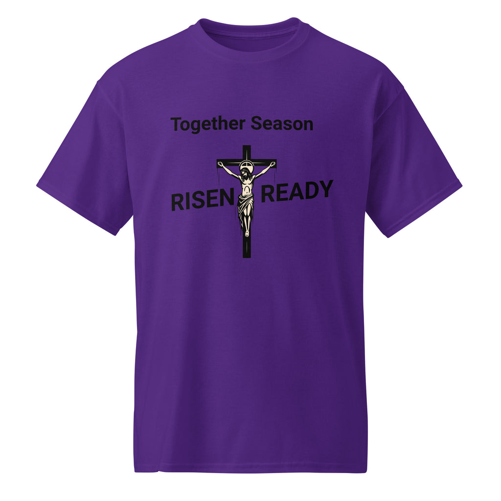 Purple or White t-shirt with 'Together Season Risen Ready' text and crucifixion graphic on a white background.
Statement t-shirt for men, women, and youth. High-performance moisture-wicking faith apparel for Easter or gym workouts. 