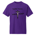 Purple or White t-shirt with 'Together Season Risen Ready' text and crucifixion graphic on a white background.
Statement t-shirt for men, women, and youth. High-performance moisture-wicking faith apparel for Easter or gym workouts. 