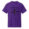Purple or white t-shirt with 'Together Season Risen Ready' text and crucifixion graphic on a white background. Statement t-shirt for men, women, and youth. High-performance moisture-wicking faith apparel for Easter or gym workouts. 