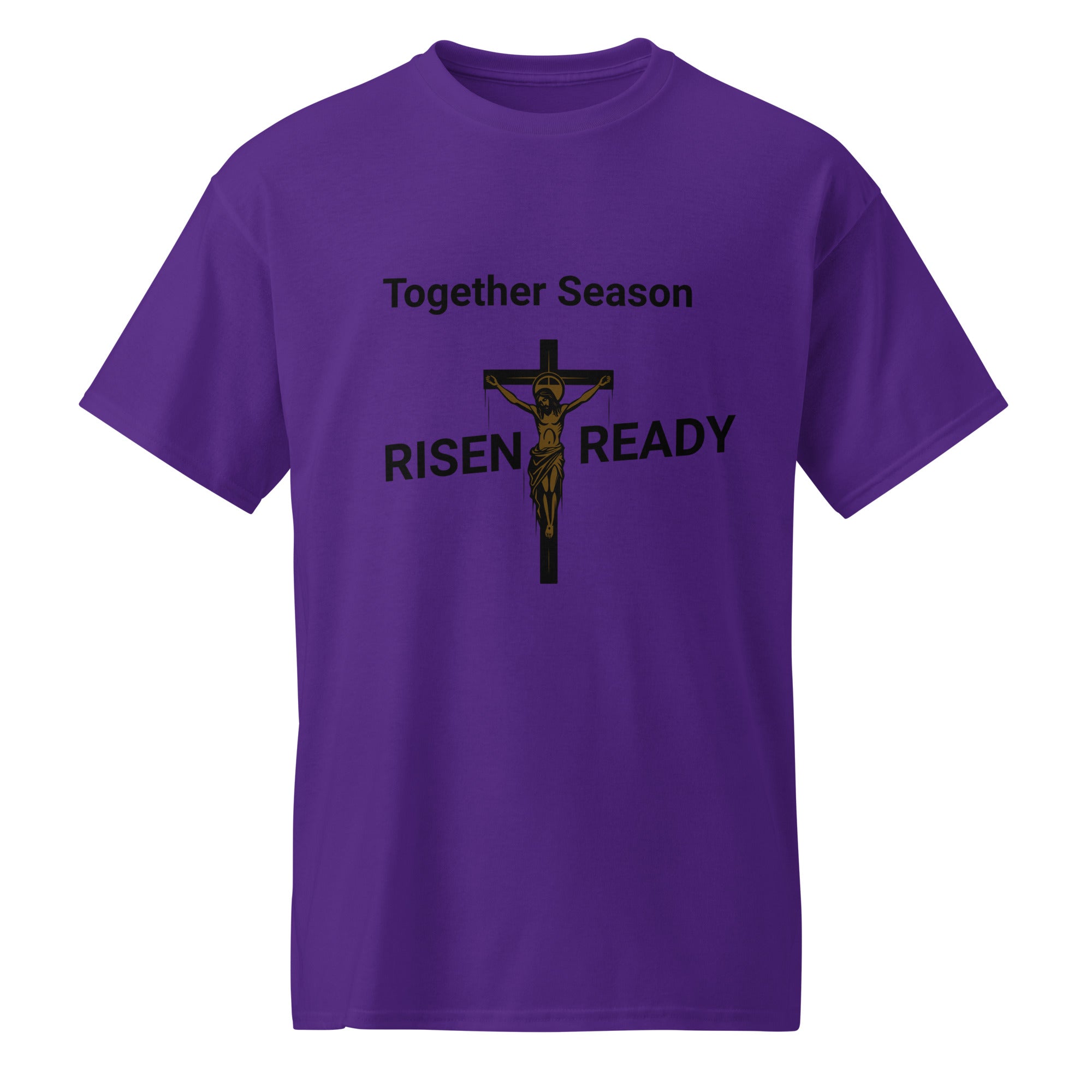 Purple or white t-shirt with 'Together Season Risen Ready' text and crucifixion graphic on a white background. Statement t-shirt for men, women, and youth. High-performance moisture-wicking faith apparel for Easter or gym workouts. 