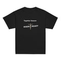 Black t-shirt with 'Together Season Risen Ready' text and crucifixion graphic on a white background.
Statement t-shirt for men, women, and youth. High-performance moisture-wicking faith apparel for Easter or gym workouts. 