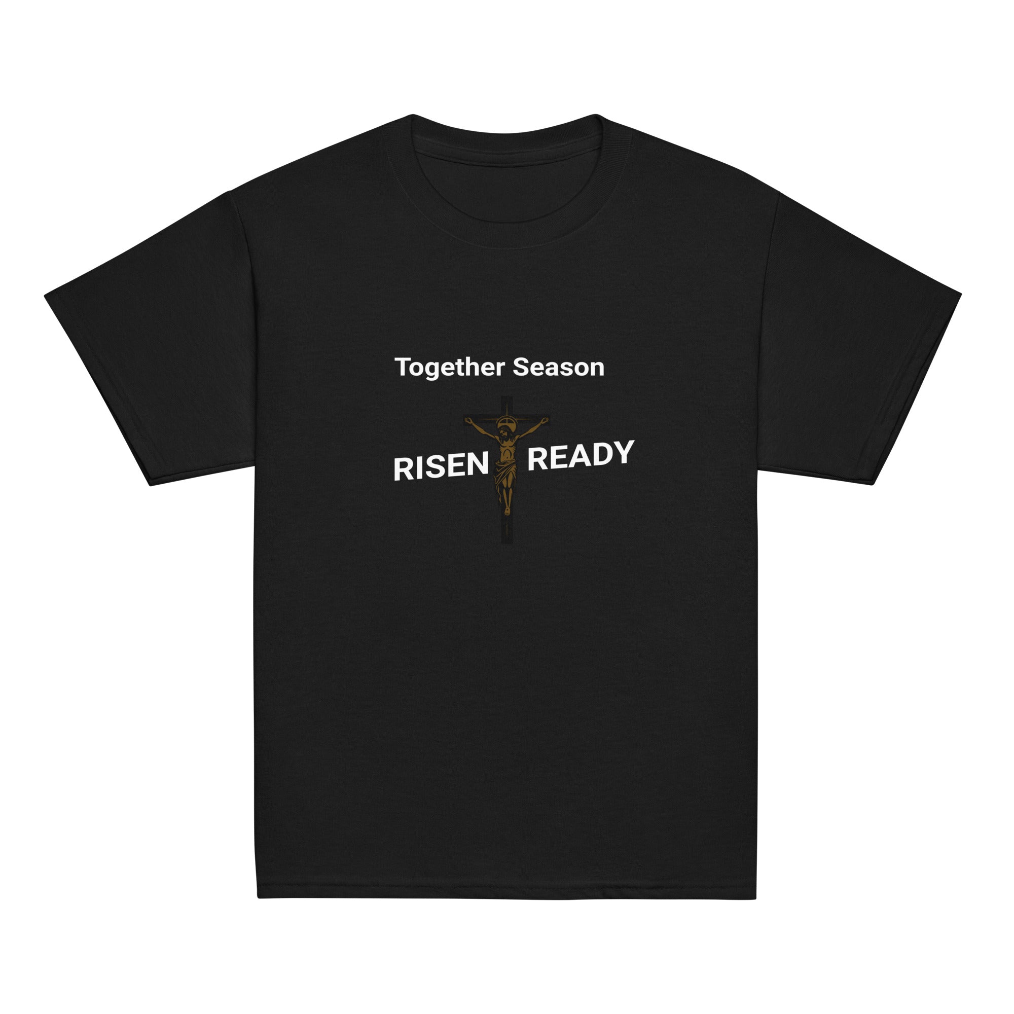 Black t-shirt with 'Together Season Risen Ready' text and crucifixion graphic on a white background.
Statement t-shirt for men, women, and youth. High-performance moisture-wicking faith apparel for Easter or gym workouts. 