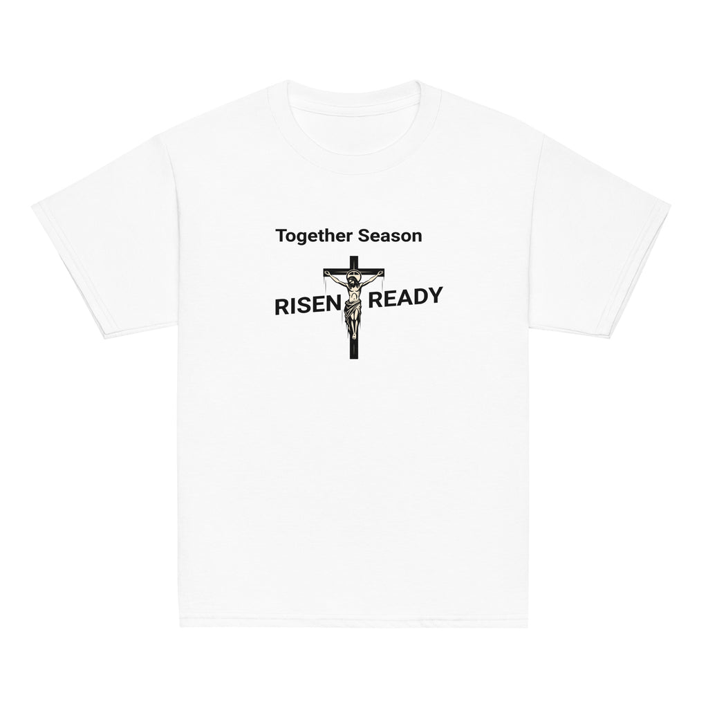 White t-shirt with 'Together Season Risen Ready' text and crucifixion graphic on a white background.
Statement t-shirt for men, women, and youth. High-performance moisture-wicking faith apparel for Easter or gym workouts. 