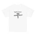 White t-shirt with 'Together Season Risen Ready' text and crucifixion graphic on a white background.
Statement t-shirt for men, women, and youth. High-performance moisture-wicking faith apparel for Easter or gym workouts. 