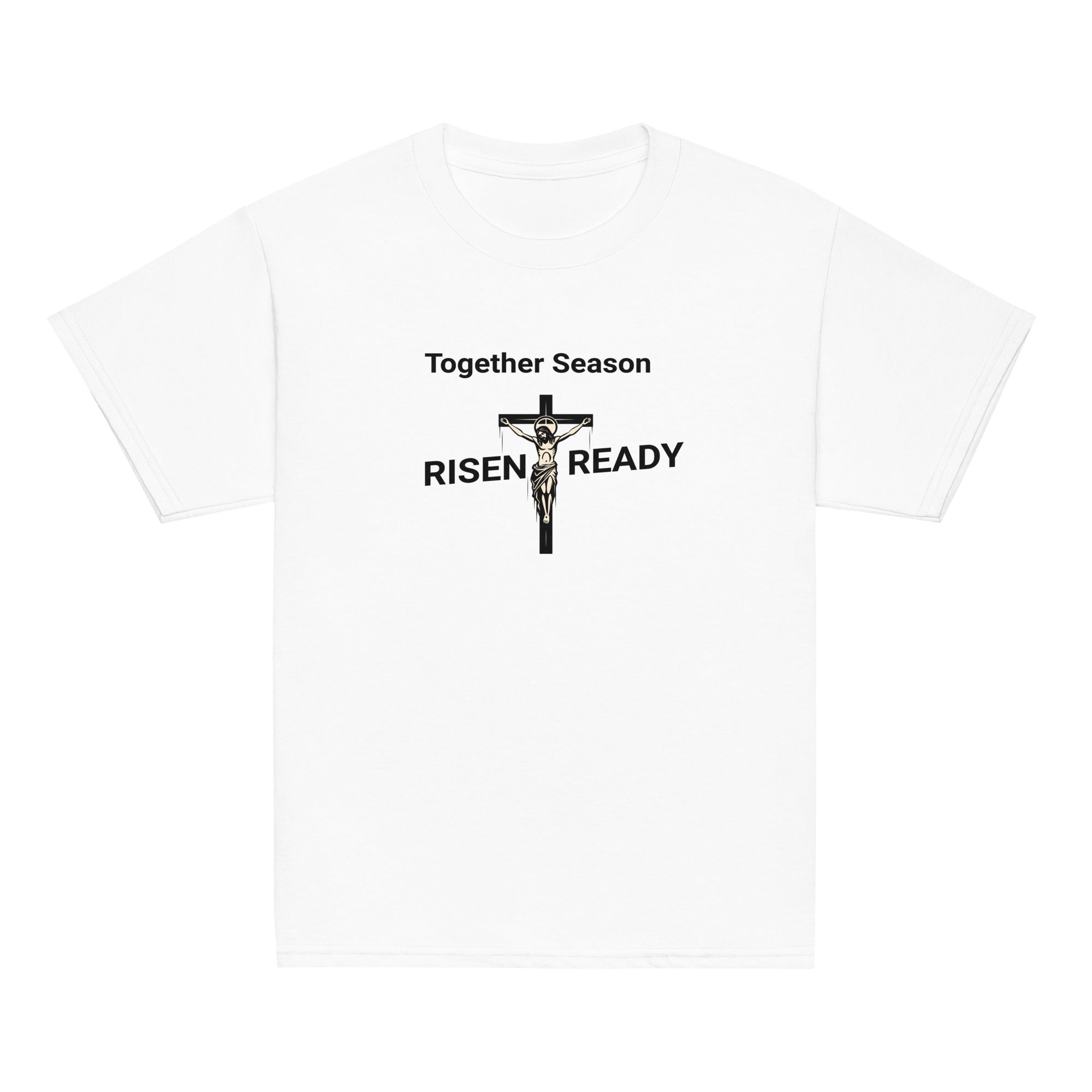 White t-shirt with 'Together Season Risen Ready' text and crucifixion graphic on a white background.
Statement t-shirt for men, women, and youth. High-performance moisture-wicking faith apparel for Easter or gym workouts. 