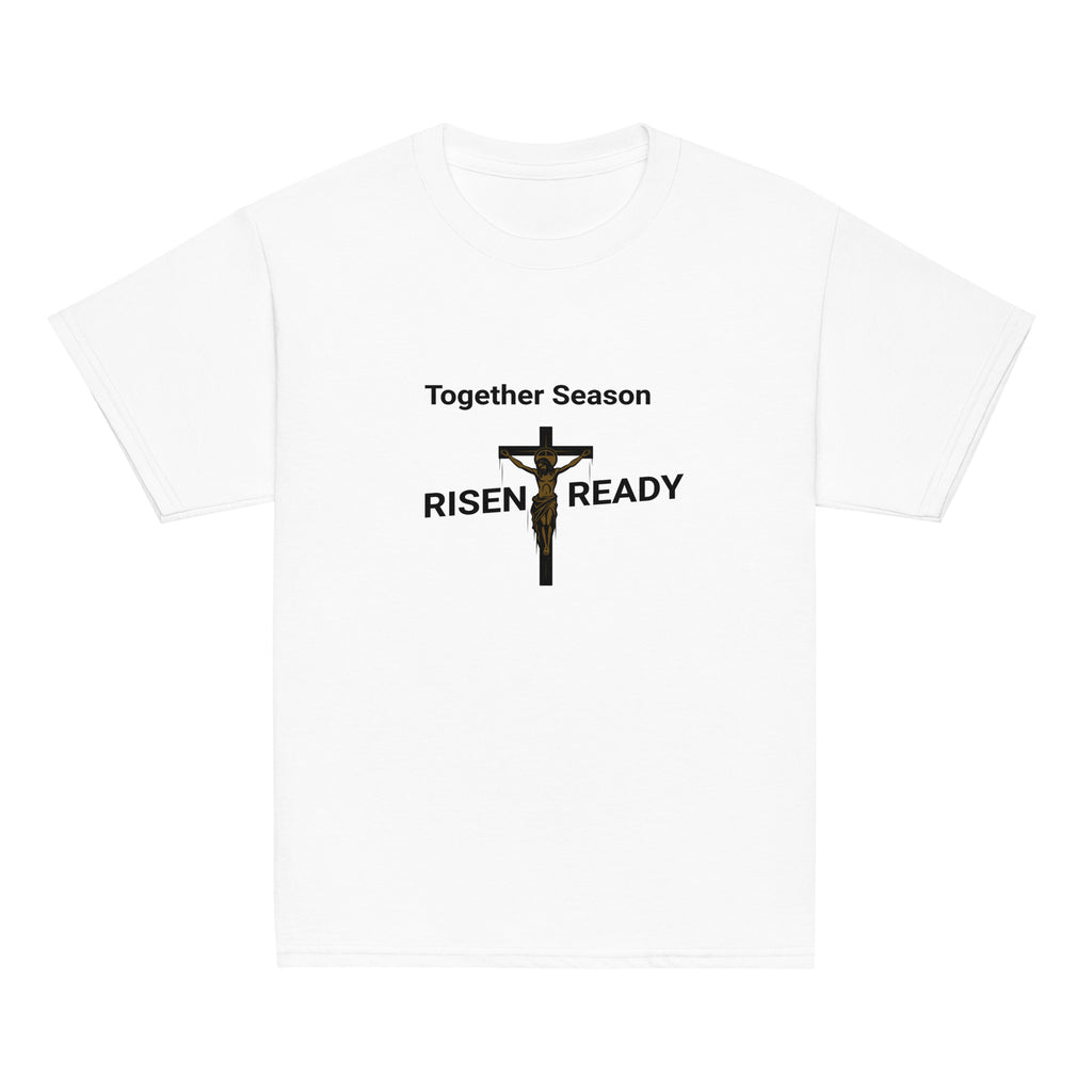 White t-shirt with 'Together Season Risen Ready' text and crucifixion graphic on a white background.
Statement t-shirt for men, women, and youth. High-performance moisture-wicking faith apparel for Easter or gym workouts. 
