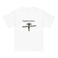 White t-shirt with 'Together Season Risen Ready' text and crucifixion graphic on a white background.
Statement t-shirt for men, women, and youth. High-performance moisture-wicking faith apparel for Easter or gym workouts. 
