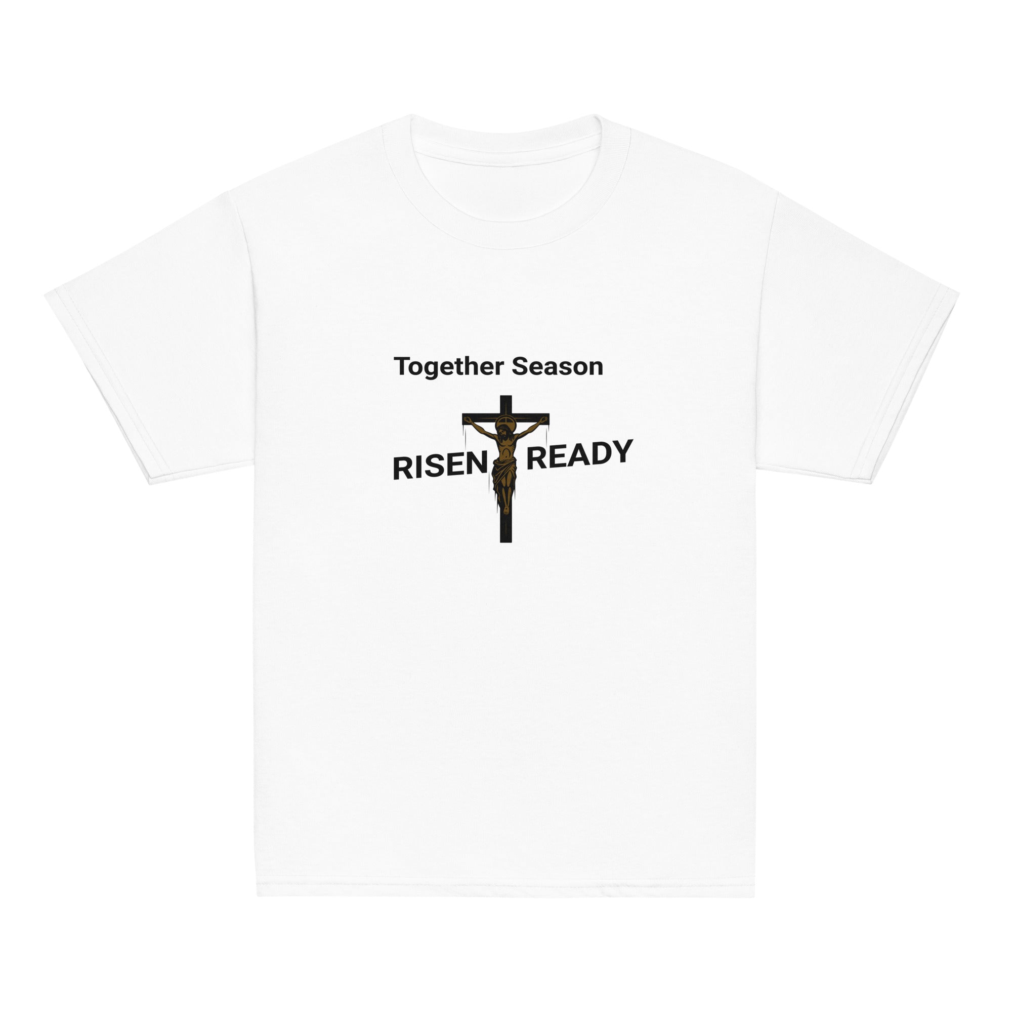 White t-shirt with 'Together Season Risen Ready' text and crucifixion graphic on a white background.
Statement t-shirt for men, women, and youth. High-performance moisture-wicking faith apparel for Easter or gym workouts. 
